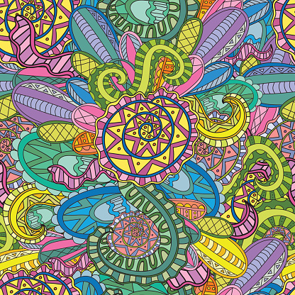 Colorful Decorative Seamless Hand Drawn Doodle Nature Ornamental Curl ...