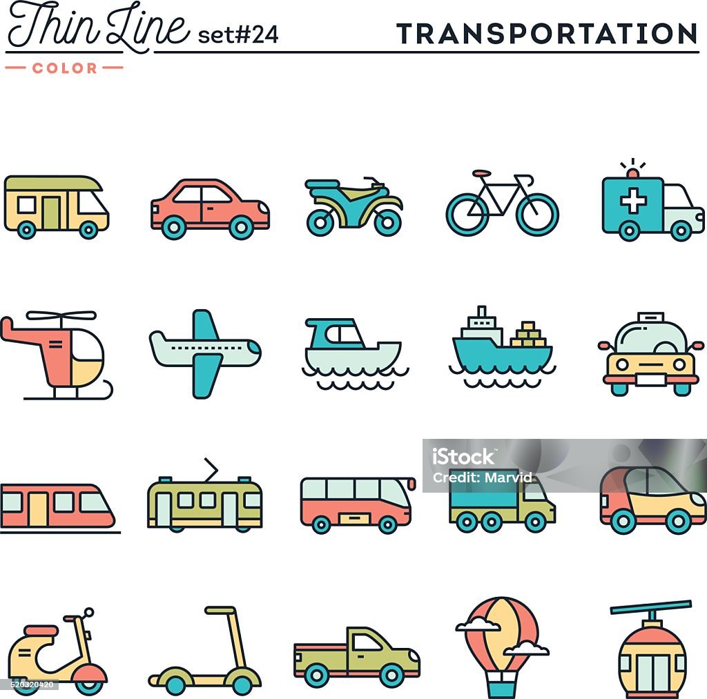 Transportation and vehicles, thin line color icons set Transportation and vehicles, thin line color icons set, vector illustration Car stock vector