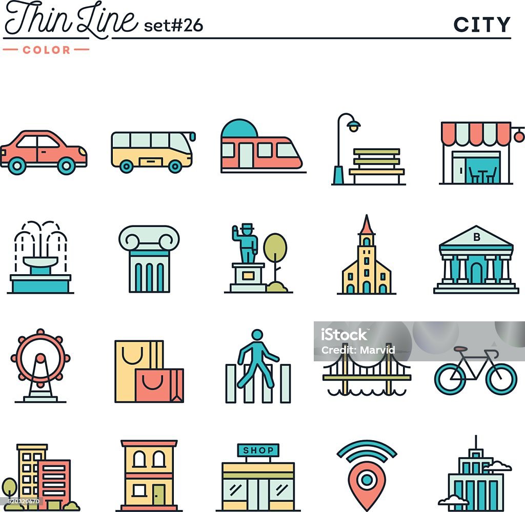 City, transportation, culture, shopping and more, thin line color icons City, transportation, culture, shopping and more, thin line color icons set, vector illustration Icon Symbol stock vector