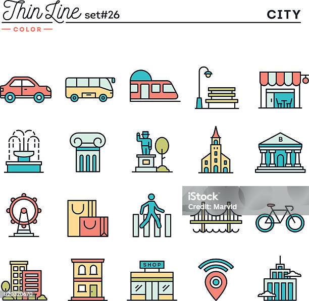 City Transportation Culture Shopping And More Thin Line Color Icons Stock Illustration - Download Image Now
