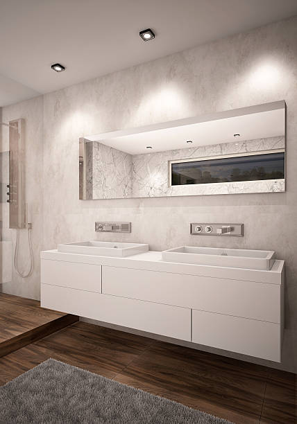 istock White Color Bathroom with Double Sinks Camera 1 Evening 520321198