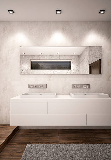 White Color Bathroom with Double Sinks Camera 2 Evening White Color Bathroom with Double Sinks and Rug Camera 2 Evening vanity mirror stock pictures, royalty-free photos & images