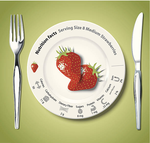 벡터 영양 정보 딸기 제공 - dieting weight scale carbohydrate apple stock illustrations