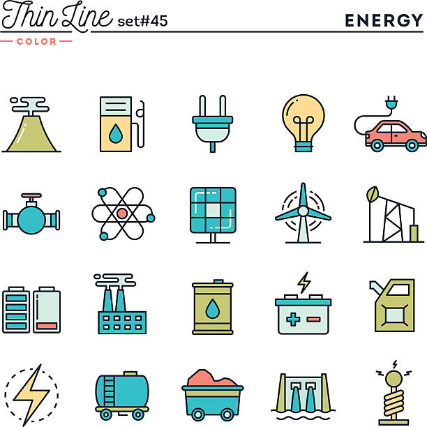 전력, 에너지, 전압 프로덕션과 더, 여윔 꺾은선형 색상 아이콘을 - battery light tube concepts stock illustrations