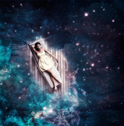 Illustration of a young woman sleeping on a deck chair floating through the universe