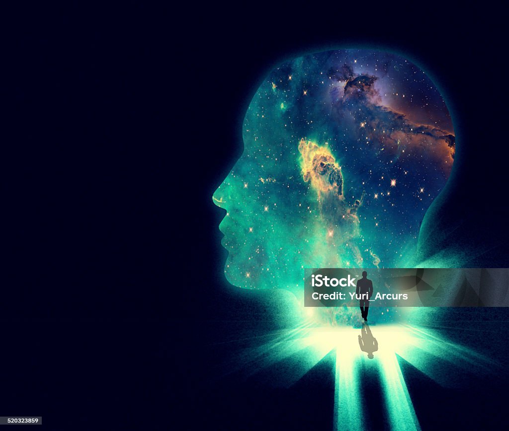 Open your mind the the wonders of the universe Illustration of a man walking towards a huge shape of a person's head overlaid with an image of the cosmos Contemplation stock illustration