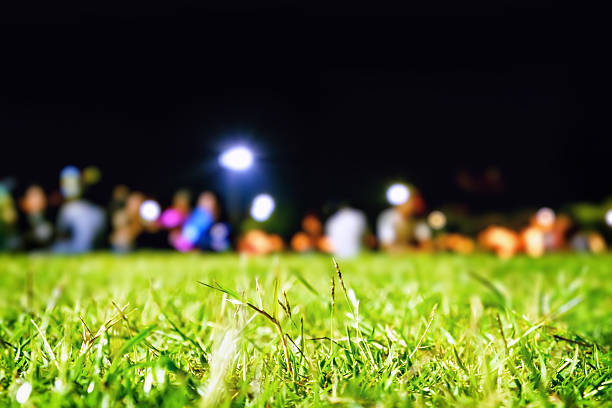 Soccer stadium with the bright lights, blurred background, selective focus.