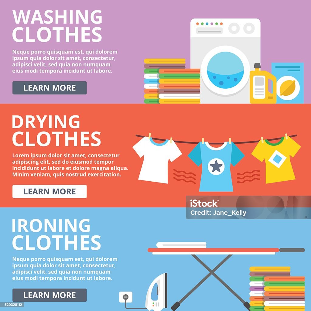 Washing clothes, drying clothes, ironing clothes flat illustration set Washing clothes, drying clothes, ironing clothes flat illustration set. Creative flat design elements, concepts for web sites, web banners, printed materials, infographics. Modern vector illustration Laundromat stock vector