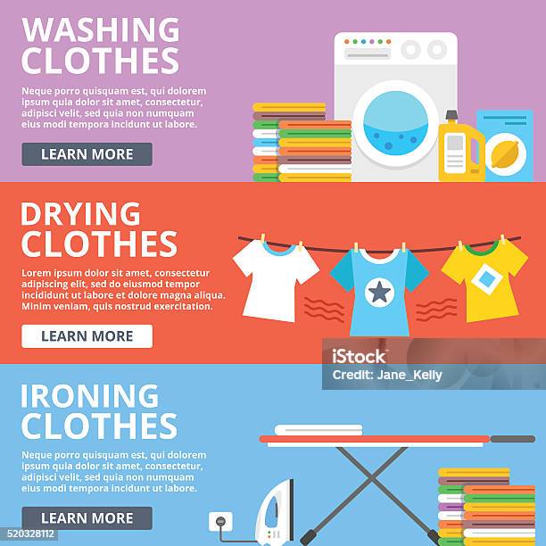 Washing Clothes Drying Clothes Ironing Clothes Flat Illustration Set Stock Illustration - Download Image Now