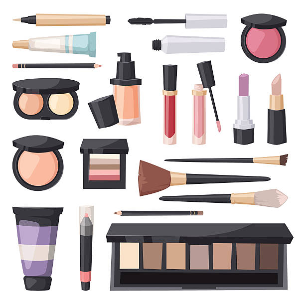 ilustrações de stock, clip art, desenhos animados e ícones de vector conjunto de pincéis de make-up de moda e beleza cosméticos ícone - make up beauty symbol mirror