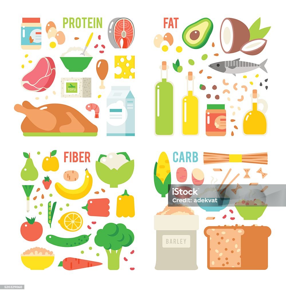 Alimentación saludable, proteínas, grasas carbohidratos dieta equilibrada, cocina, culinario y - arte vectorial de Comida sana libre de derechos