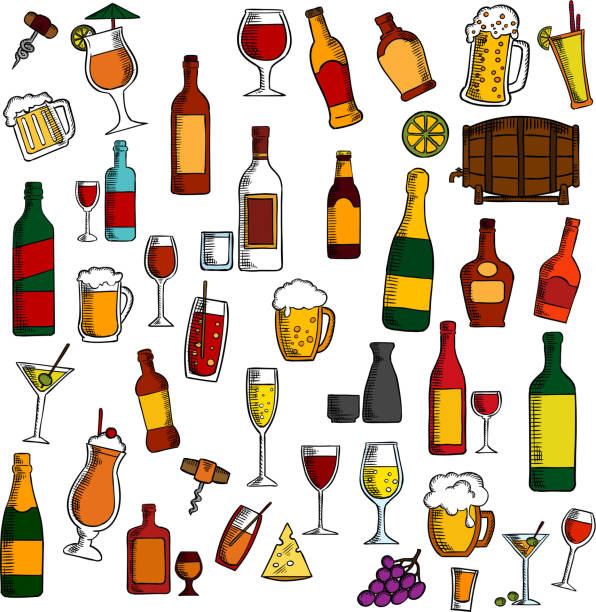 illustrazioni stock, clip art, cartoni animati e icone di tendenza di alcool bevande, cocktail e spuntini schizzo icona - cocktail martini olive vodka