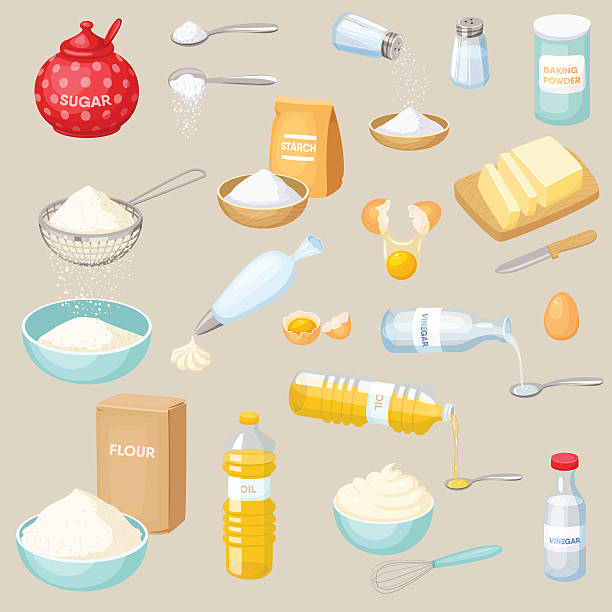 Baking ingredients set Baking ingredients set: sugar, salt, flour, starch, oil, butter, baking soda, baking powder, vinegar, eggs, whipped cream. Baking and cooking ingredients vector illustration. Kitchen utensils. Food ground culinary stock illustrations