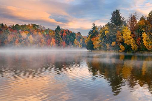 Lake fog sunrise with Autumn foliage and mountains in New England Stowe