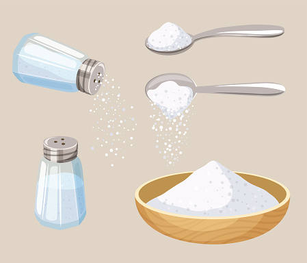 Salt set: salt shaker, spoon and bowl of salt. Do pour salt from spoon and shaker. Baking and cooking ingredient. Cartoon vector salt. Food seasoning. Kitchen utensils: spoon, salt shaker, bowl