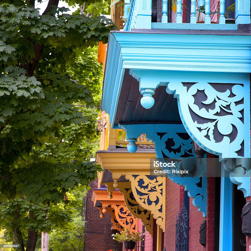 Painted balconies, Montreal Colour porches and balconies on a street in Montreal, Canada Montréal Stock Photo