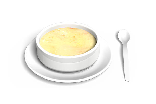 Soup bowl with tray and spoon, isolated on white background, 3D illustration.