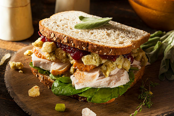 domowy pozostałości w obiedzie z okazji święta dziękczynienia turcji kanapka - sandwich turkey cranberry cheese zdjęcia i obrazy z banku zdjęć