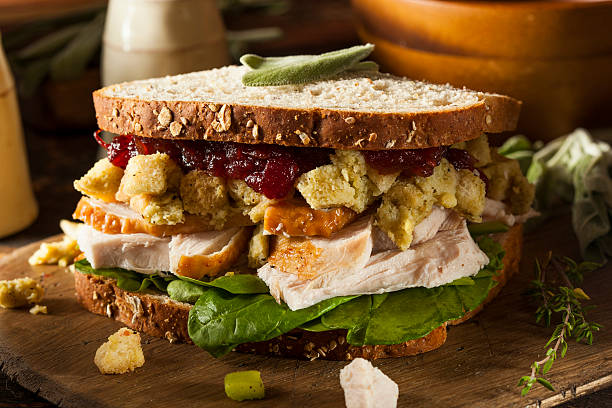 maison des restes de dîner de thanksgiving sandwich à la dinde - sandwich turkey cranberry cheese photos et images de collection