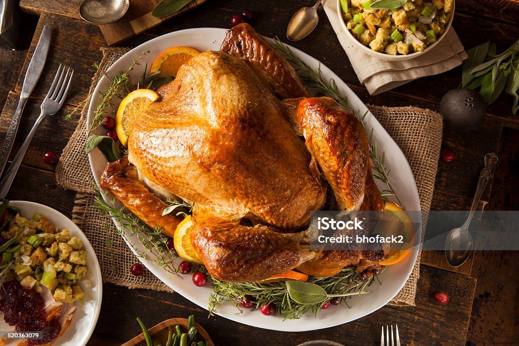 Whole Homemade Thanksgiving Turkey Whole Homemade Thanksgiving Turkey with All the Sides Dinner Stock Photo