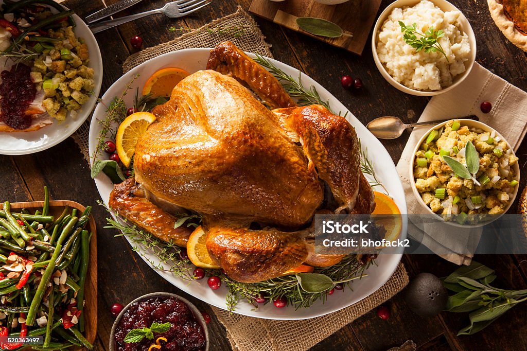 Whole Homemade Thanksgiving Turkey Whole Homemade Thanksgiving Turkey with All the Sides Turkey - Bird Stock Photo