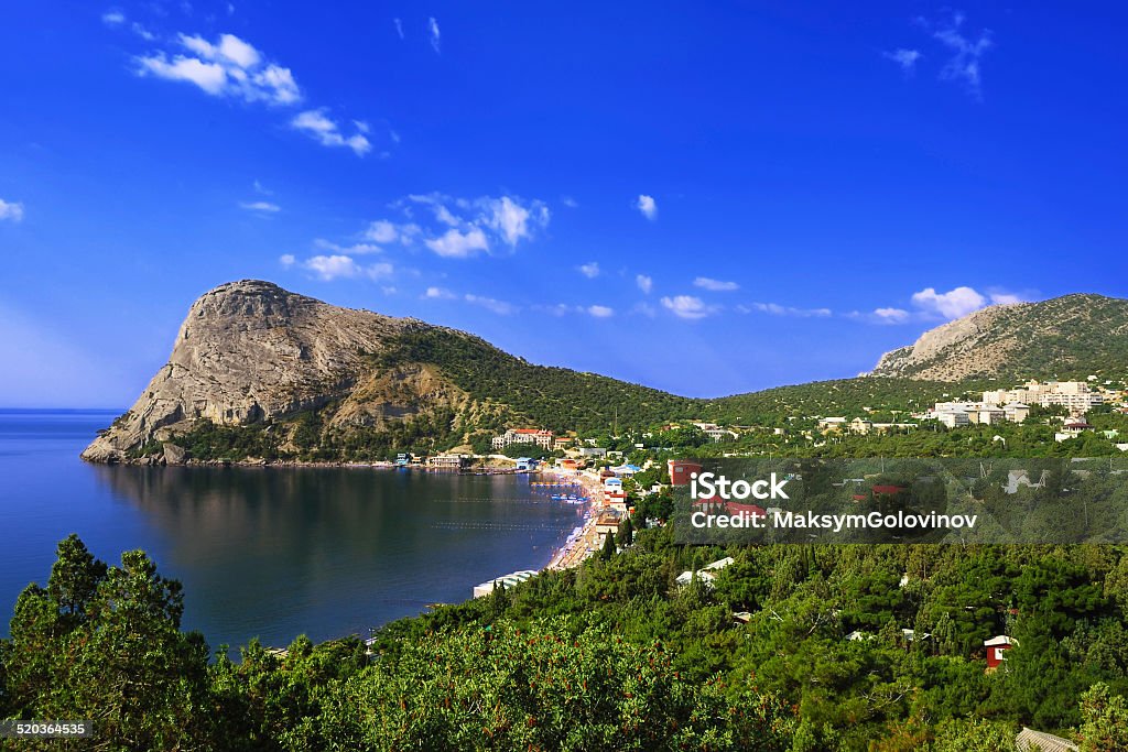 The Crimean Landscape View of the settlement of the Noviy Svet, the surrounding mountains and Green bay in Crimea. Black Sea Stock Photo