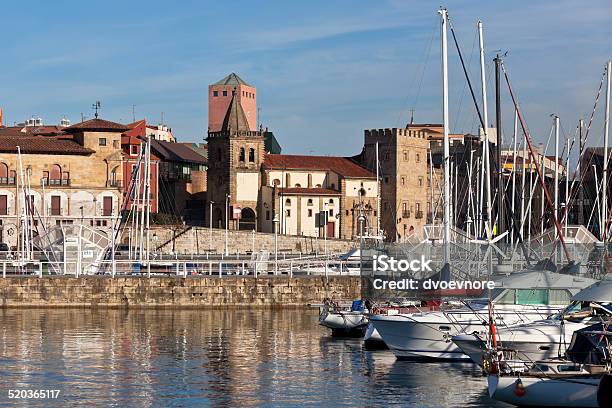 View On Old Port Of Gijon And Yachts Stock Photo - Download Image Now - Gijon, Castle, Marina