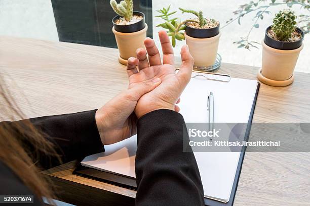 Woman Hand Pain On Desk Office Syndrome Stock Photo - Download Image Now - Ergonomic Keyboard, Adult, Adults Only