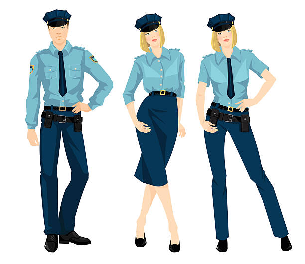 illustrazioni stock, clip art, cartoni animati e icone di tendenza di la poliziotta e di polizia uomo - badge blue crime law