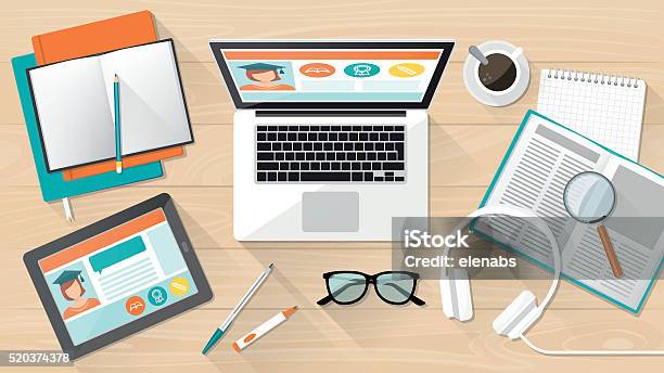 Elearning And Education Stock Illustration - Download Image Now - Desk, Laptop, Education