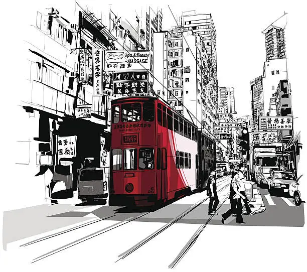 Vector illustration of Street in Hong Kong