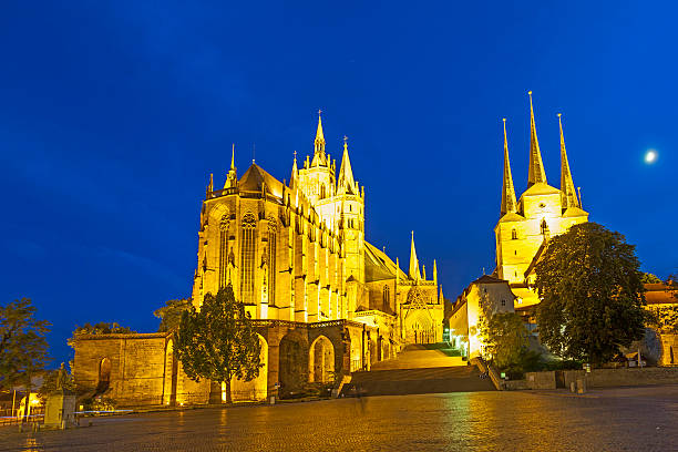 Domplatz Square View with Erfurt Cathedral, St. Severus Church (Severikirche) and Obelisk at night - Erfurt, Thuringia, Germany