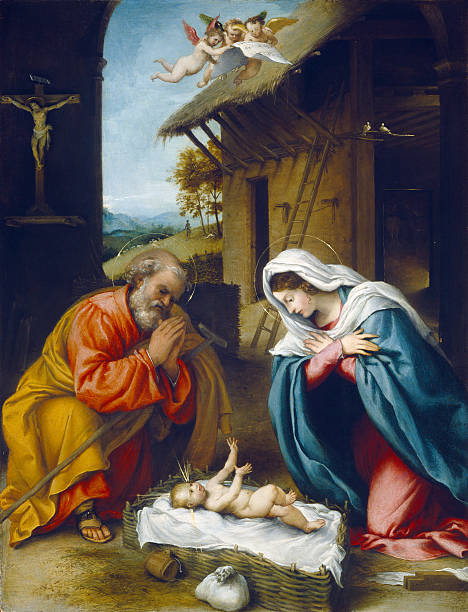 The Nativity of Jesus Christ This vintage image by Lorenzo Lotto shows the Nativity scene. Created and published in 1523, it is now in the public domain. jesus christ birth stock illustrations