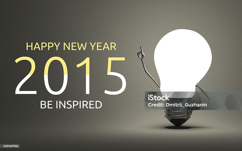 Happy New Year 2015, be inspired greeting card Happy New Year 2015 and be inspired greeting card, light bulb character in moment of insight standing on gray background, 3d render 2015 Stock Photo