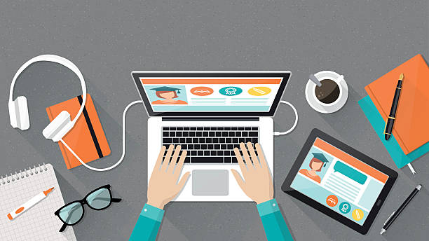 E-learning and education E-learning, education and university banner, student's desktop with laptop, books and hands, top view desk illustrations stock illustrations