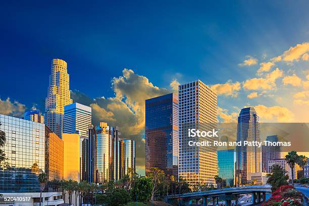 Skyscrapers Of Los Angeles Skyline With Freeway Ca Stock Photo - Download Image Now