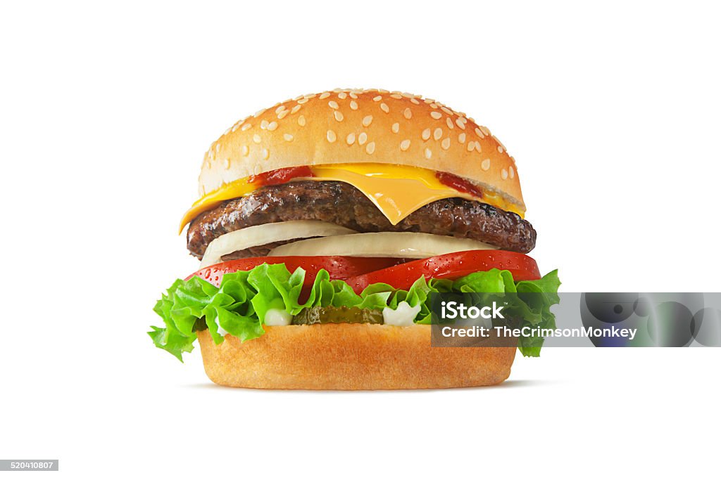 Cheeseburger A perfect cheeseburger, perfectly proportioned and styled, shot in a fast food advertising style and isolated on white. Sesame seed bun, visible condensation on tomatoes, onions, pickles, mayo, mustard, ketchup. Burger Stock Photo