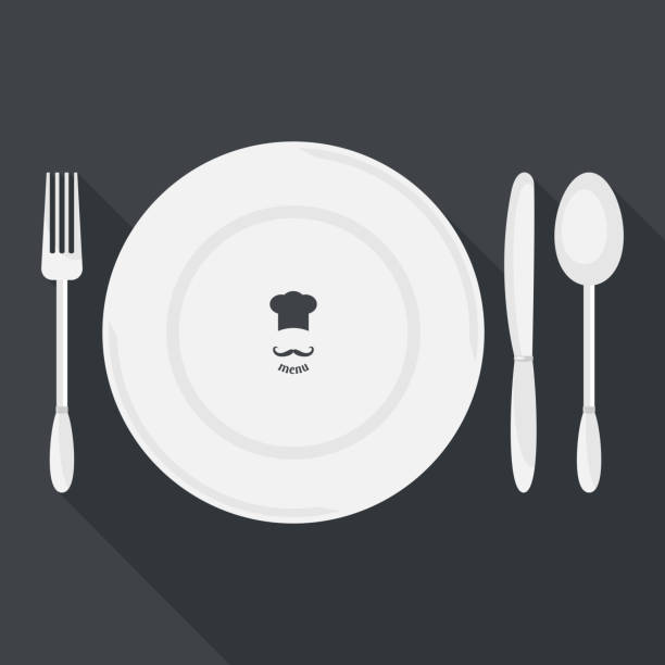 ilustrações, clipart, desenhos animados e ícones de garfo, faca e colher e prato ícone de vetor. - eating utensil plate black background empty