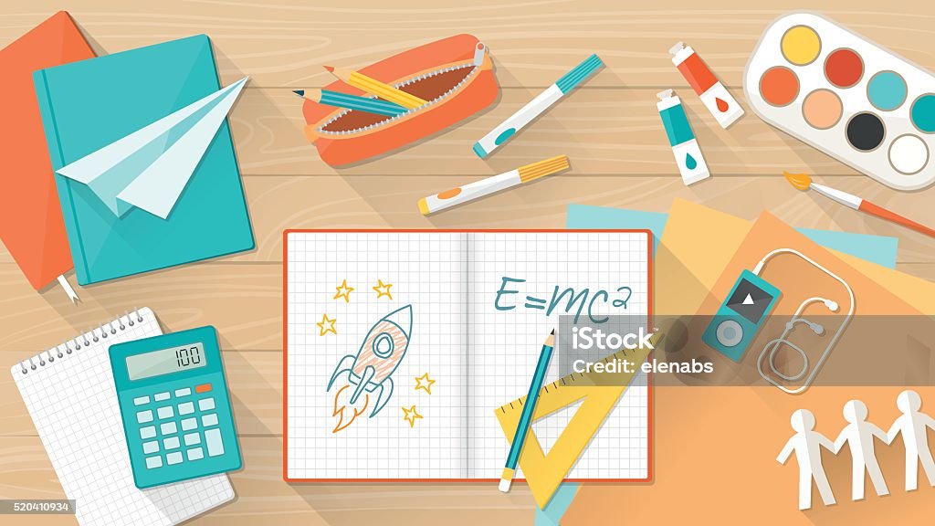 Creative kid desktop Creative young student desktop with notebook, books and colors, education, learning and childhood concept Desk stock vector