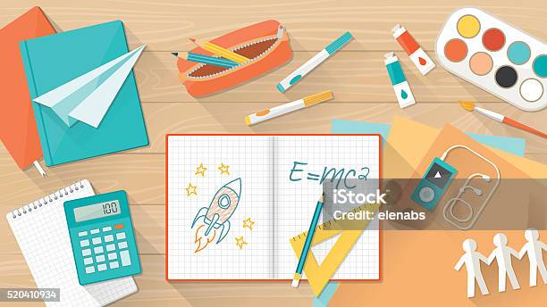 Creative Kid Desktop Stock Illustration - Download Image Now - Desk, Child, Homework