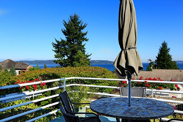 istock Walkout deck with patio area overlooking scenic bay view 520412191