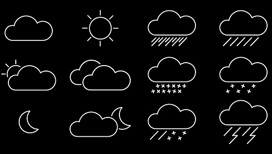 set of white weather icons with black background