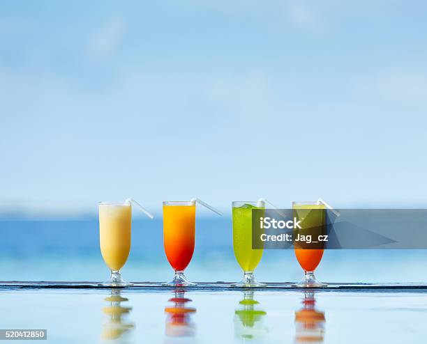 Cocktails Drinks Placed Next To Swimming Pool Stock Photo - Download Image Now - Alcohol - Drink, Backgrounds, Bar - Drink Establishment