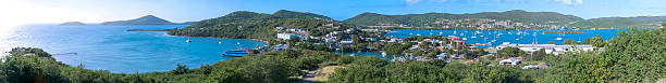 Culebra Island panorama Extremely wide panoramic view of Isla Culebra taken from top of hill south of Dewey and featuring ferry dock, town, Ensenada Honda and Cayo Luis Peña culebra island photos stock pictures, royalty-free photos & images