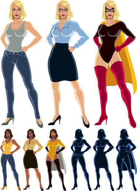 illustrazioni stock, clip art, cartoni animati e icone di tendenza di supereroina trasformazione - skirt women jeans white