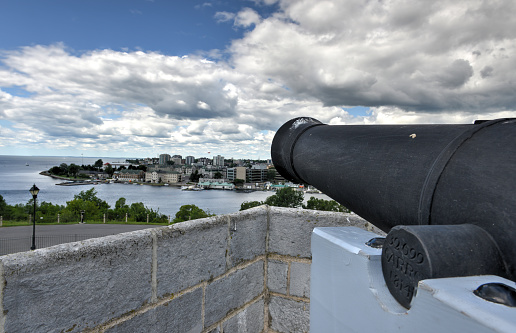 Fort Henry National Historic Site cannon in Kingston, Ontario. It guarded a strategic point of the Cataraqui River where it flows into the St. Lawrence River, at the upper end of the Thousand Islands.
