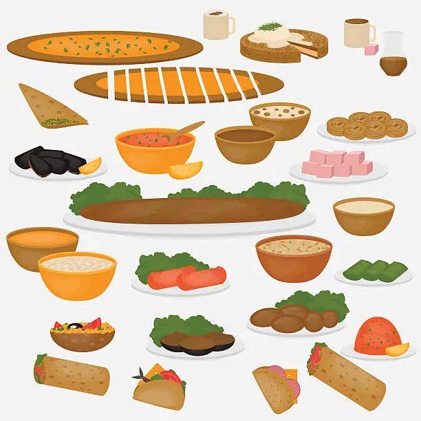 Vector illustration of Turkish hospitality Common main and side dishes, desserts.
