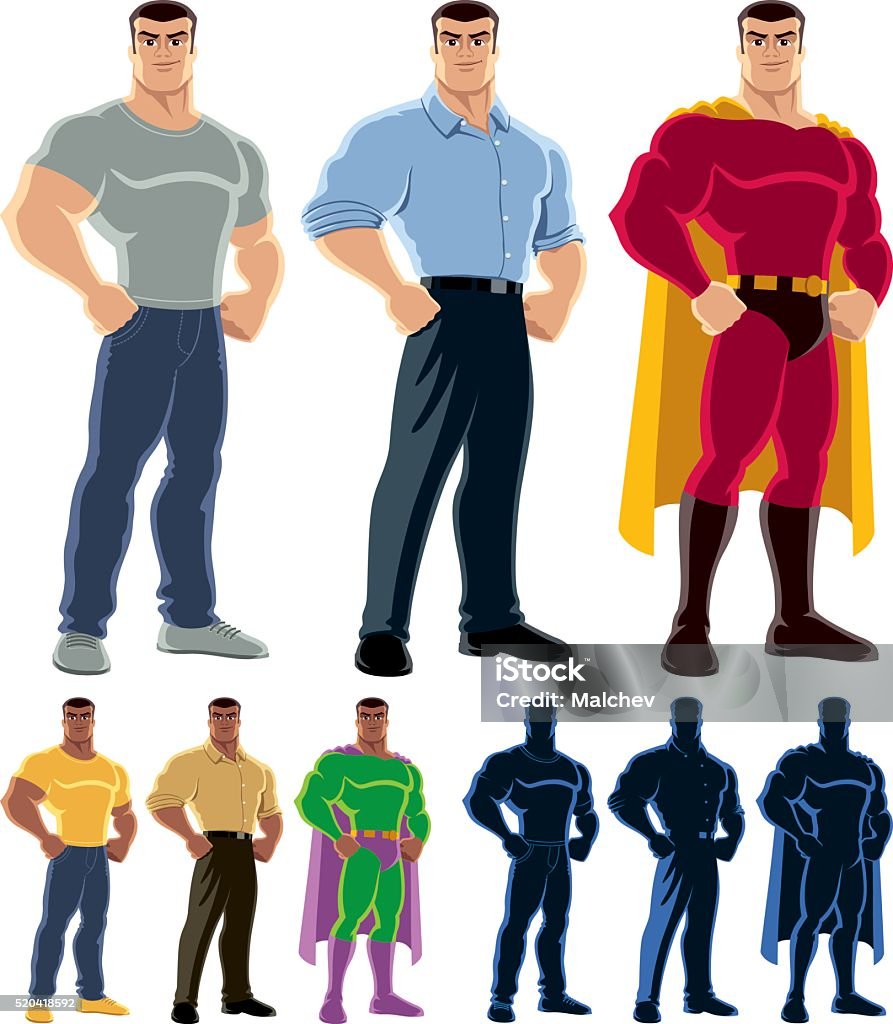 Superhero Transformation Ordinary man transforms into superhero. Men stock vector