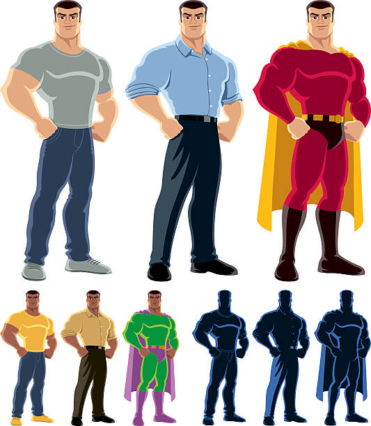 Superhero Transformation Ordinary man transforms into superhero. people silhouette standing casual stock illustrations
