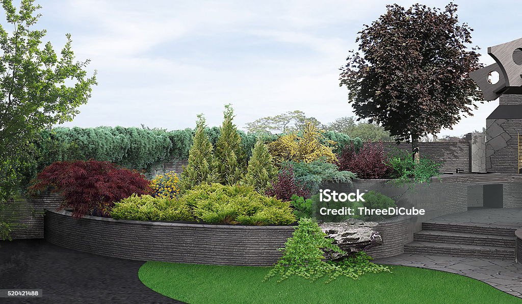 Backyard horticultural background, 3d rendering Natural character of the site into the design. Well-thought landscape planning. Retaining Wall Stock Photo